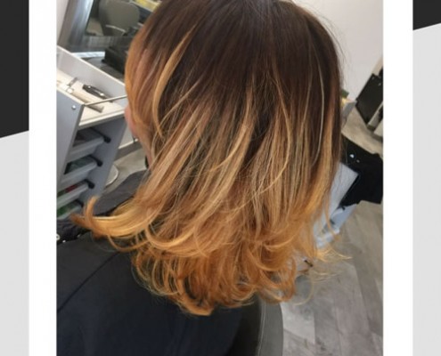 Balayage hair with gold and cooper with base shade