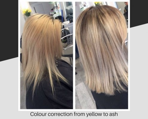 Colour correction from yellow to ash blonde, bleach and light caramel tone, cut and blow dry by Natalina