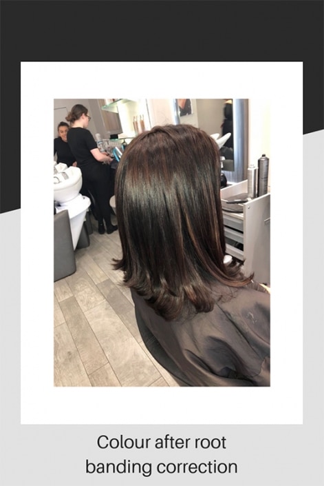 Hair colouring after root banding correction treatment