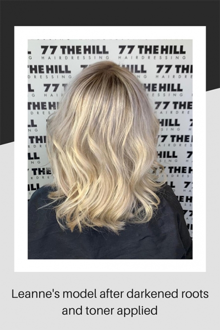 Leannes hair model after darkened roots and toner