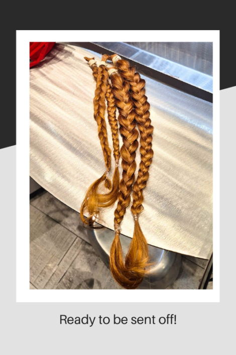 Long hair braids ready to be sent to charity