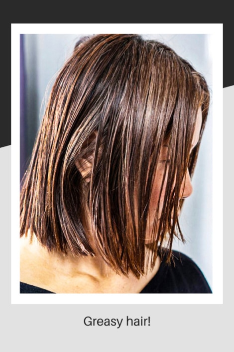 Greasy hair in a bob style.
