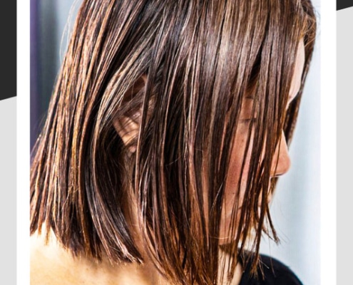 Greasy hair in a bob style.