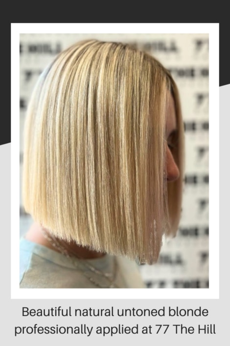 Stunning example of beautiful natural untoned blonde hair professionally lightened at 77 The Hill salon