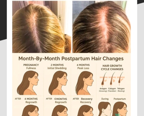 Diagram and pictures showing hair changes during pregnancy and postpartum