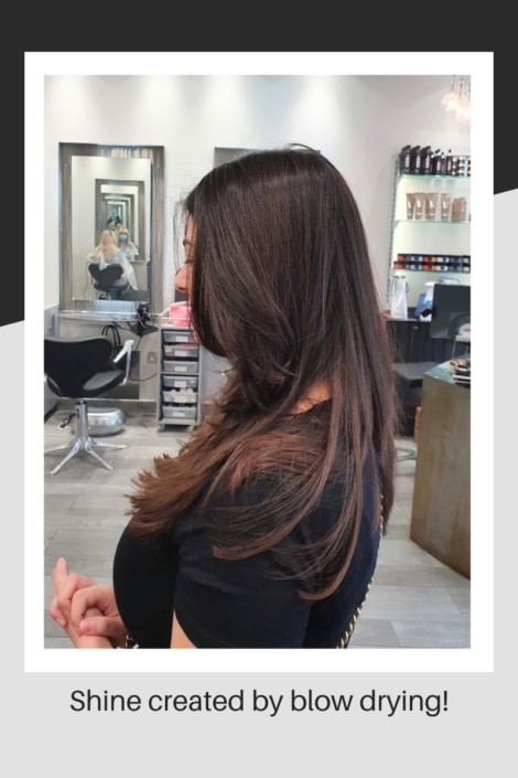 Beautiful hair shine created by blow-drying at the salon